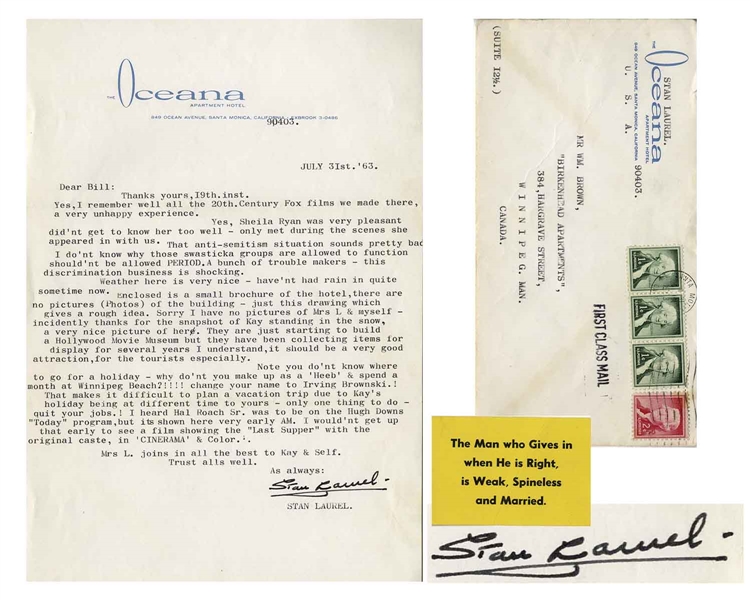 Stan Laurel Letter Signed With Strong Anti-Jewish Content -- ''...I do'nt know why those swasticka groups are allowed to function should'nt be allowed PERIOD...''